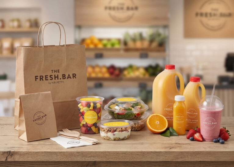 Branded paper bags, clear juice bottles, plastic fruit cups, custom product stickers, sustainable wooden cutlery, minimalist take-out packaging, graphic identity suite.