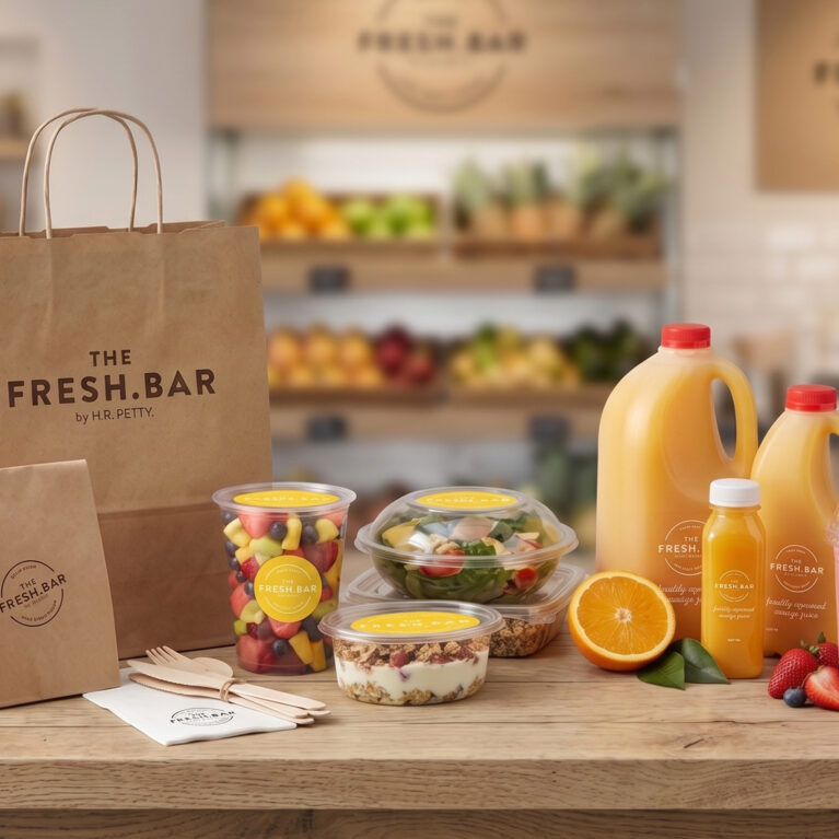 Branded paper bags, clear juice bottles, plastic fruit cups, custom product stickers, sustainable wooden cutlery, minimalist take-out packaging, graphic identity suite.