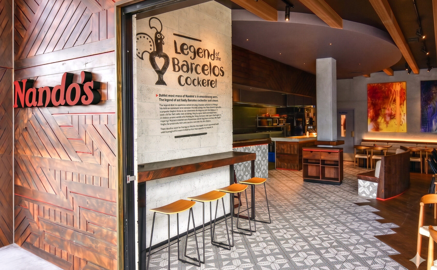 Geometric timber facade, illuminated red restaurant signage, stenciled concrete wall, industrial counter stools, patterned floor tiles, modern hospitality entryway.