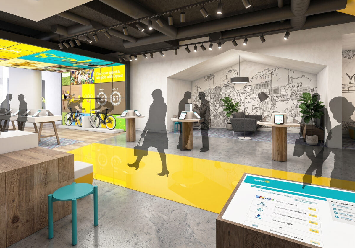 Interactive digital touchpoints and bold graphics animate the customer journey.