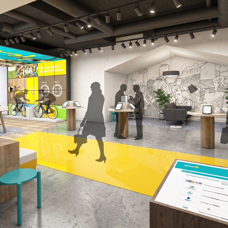 Interactive digital touchpoints and bold graphics animate the customer journey.