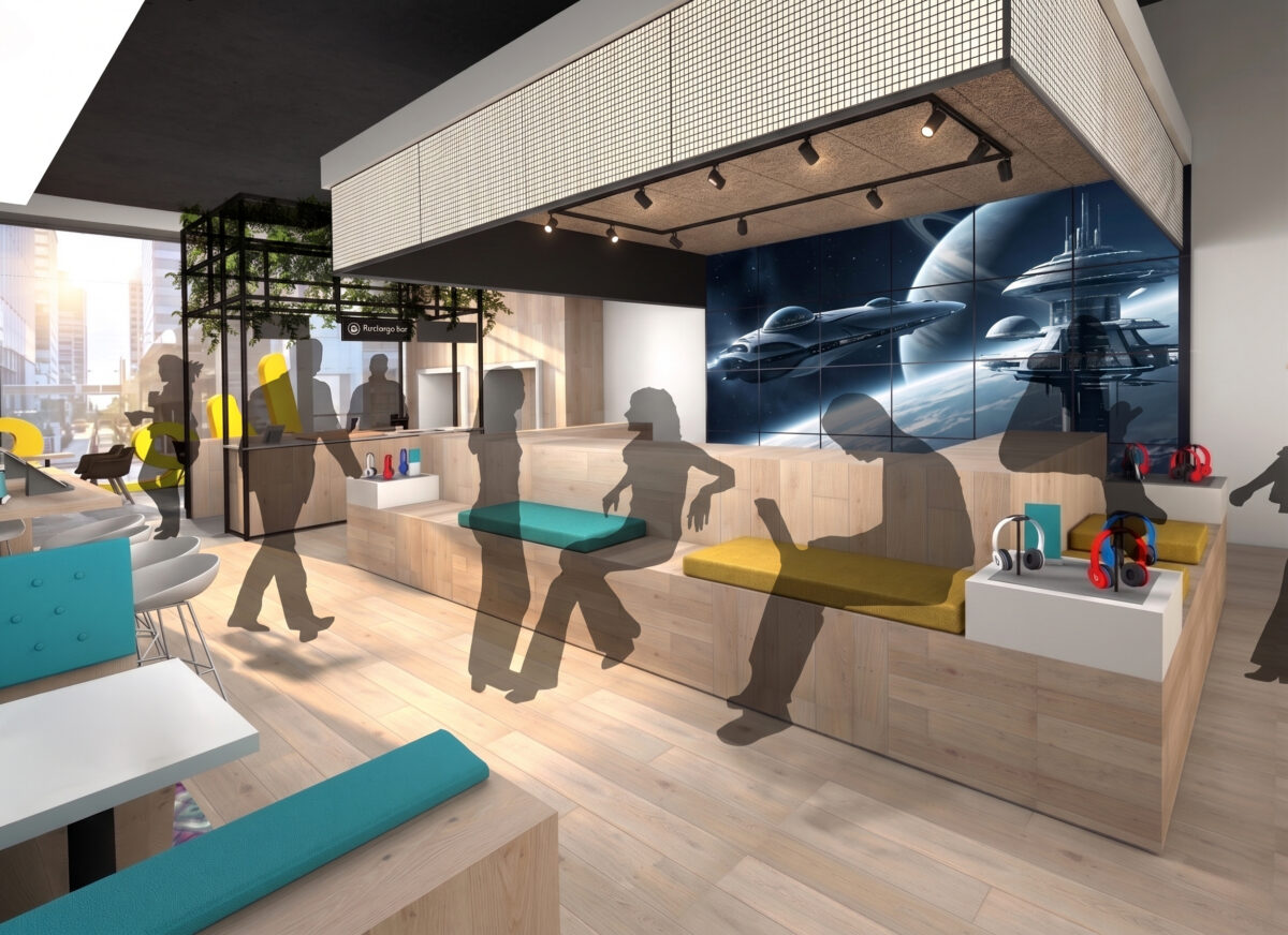 Large-scale digital screens immerse customers in live content and branded storytelling.