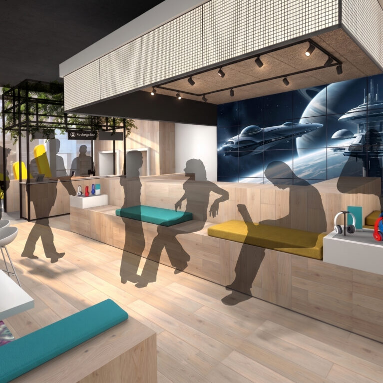 Large-scale digital screens immerse customers in live content and branded storytelling.