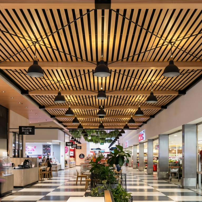 Timber batten ceiling, linear pendant lighting, checkered terrazzo floor, open shopfront thresholds, fresh food precinct layout, commercial mall corridor, public seating nodes.