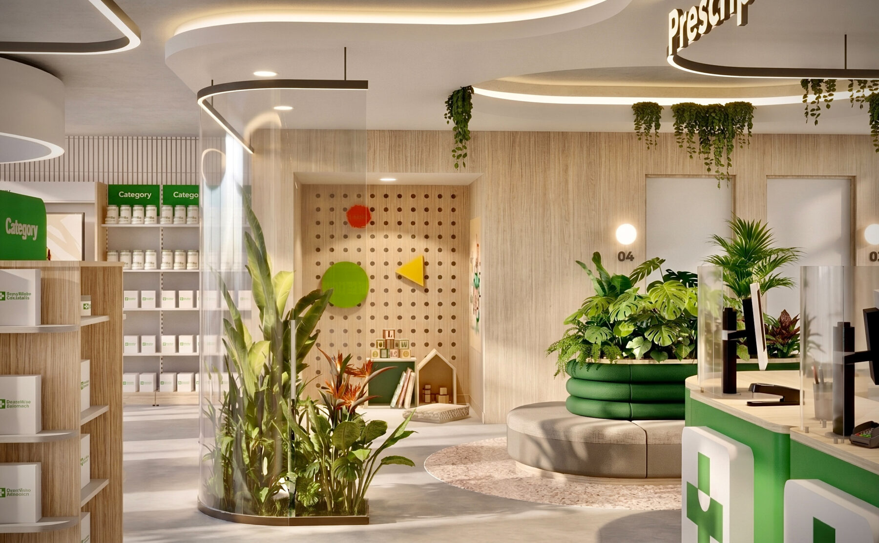 A calm waiting area with curved seating, lush planting, and a children’s play corner, positioned adjacent to the prescription counter to create a welcoming, family-oriented environment.