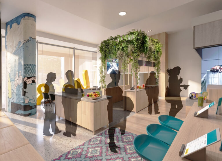 A café-style corner blends technology with lifestyle for a relaxed atmosphere.