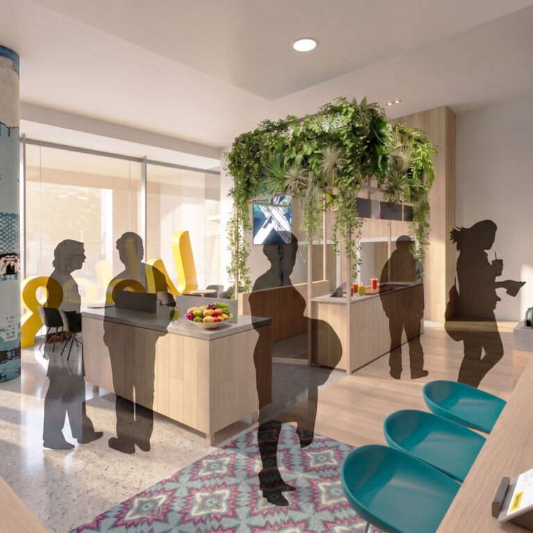 A café-style corner blends technology with lifestyle for a relaxed atmosphere.