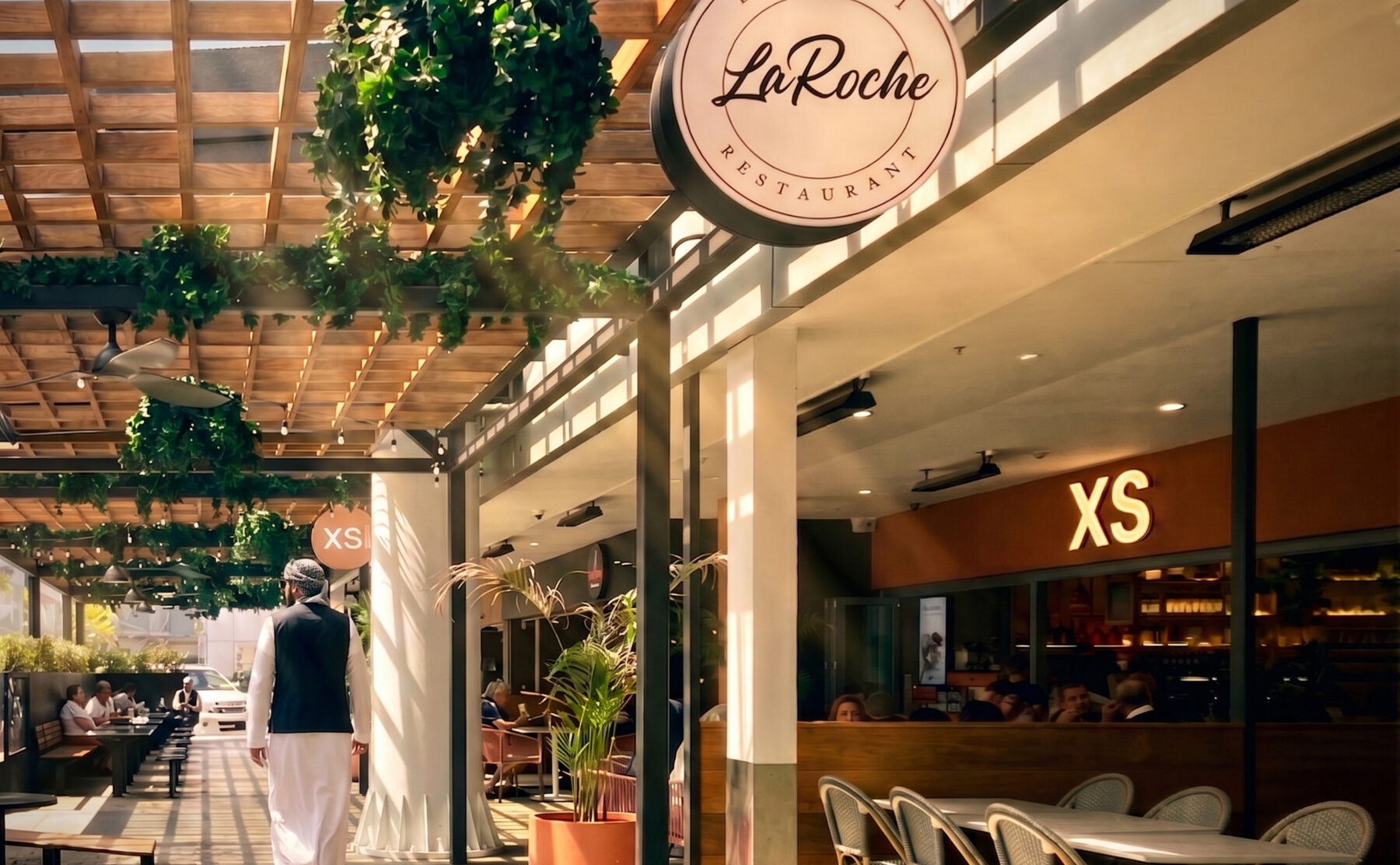 Timber pergola, glass roofing, dappled light, external dining, F&B precinct, black columns, stone paving, bench seating, string lights, hanging baskets, external signage, precinct landscaping, Sydney retail, community amenities.