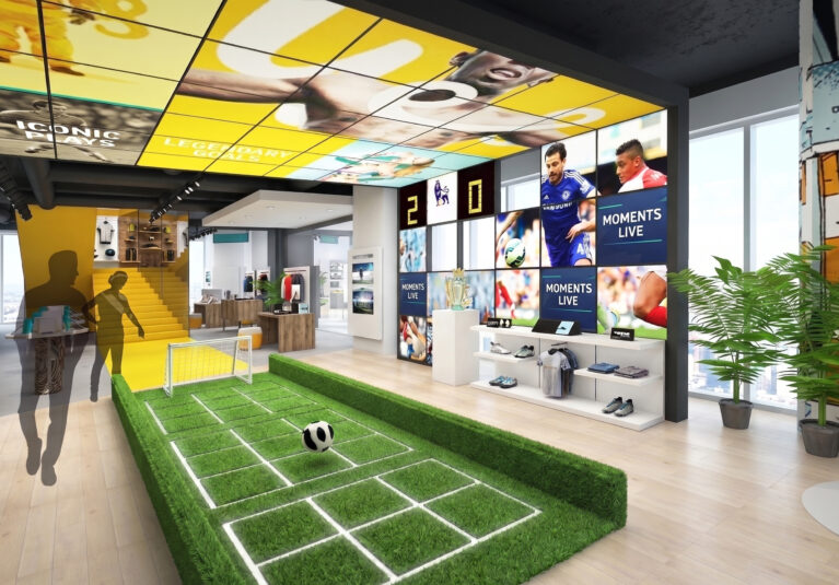A playful football-inspired zone brings energy and interactivity into the retail space.