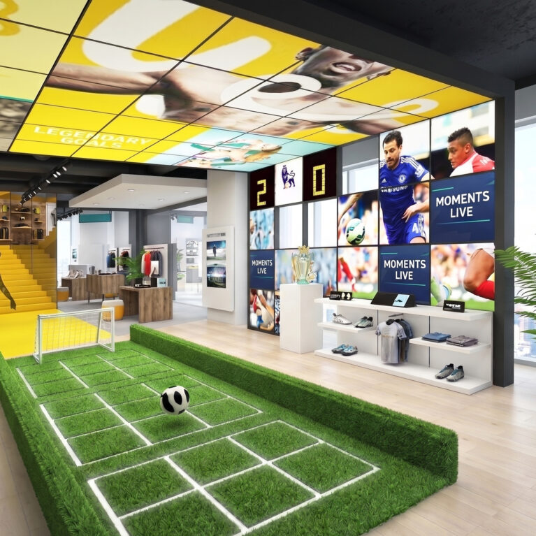 A playful football-inspired zone brings energy and interactivity into the retail space.