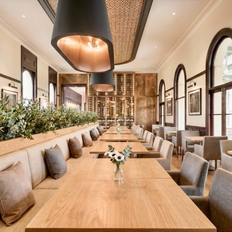 Heritage restaurant dining room, custom banquette seating, timber dining tables, arched window frames, oversized pendant lights, gold lining, parquetry ceiling feature, planters.