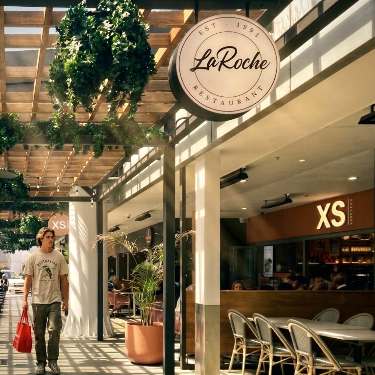 Timber pergola, glass roofing, dappled light, external dining, F&B precinct, black columns, stone paving, bench seating, string lights, hanging baskets, external signage, precinct landscaping, Sydney retail, community amenities.