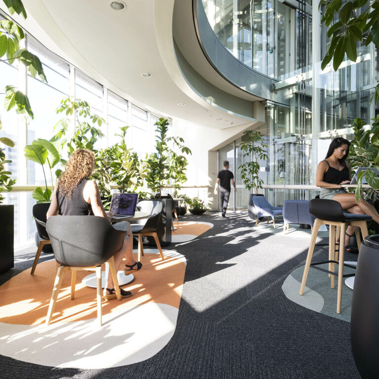 Sunlight filters through layered planting and soft fabrics. Diverse seating invites employees to shift between focused work, casual lounge moments or spontaneous collaboration in a warm, textured environment.