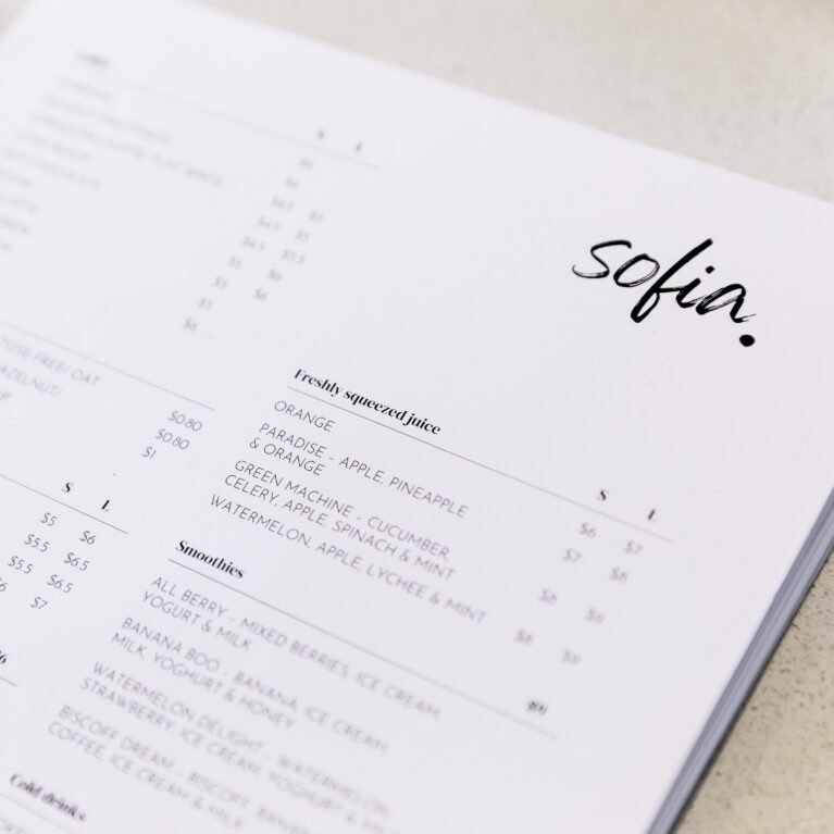 The “Sofia” menu features a minimalist design with clean typography and soft neutral tones. Its simplicity reflects the café’s cohesive branding and focus on honest, approachable style.