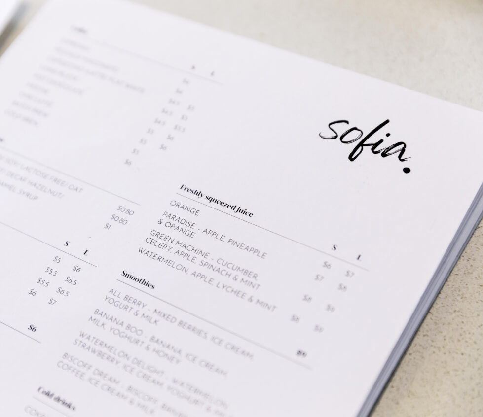 The “Sofia” menu features a minimalist design with clean typography and soft neutral tones. Its simplicity reflects the café’s cohesive branding and focus on honest, approachable style.