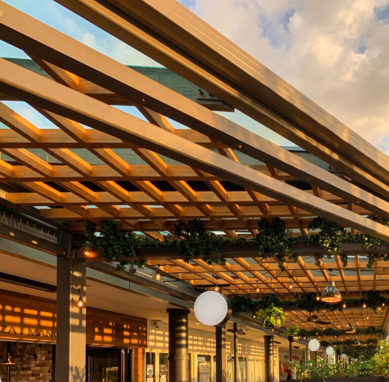 Timber lattice canopy, structural steel beams, golden hour lighting, suspended festoon bulbs, pendant light fixtures, hanging planters, glass roof canopy, circular illuminated signage, outdoor dining shelter, Sydney precinct fitout.