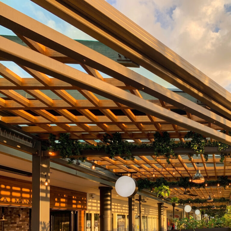 Timber lattice canopy, structural steel beams, golden hour lighting, suspended festoon bulbs, pendant light fixtures, hanging planters, glass roof canopy, circular illuminated signage, outdoor dining shelter, Sydney precinct fitout.