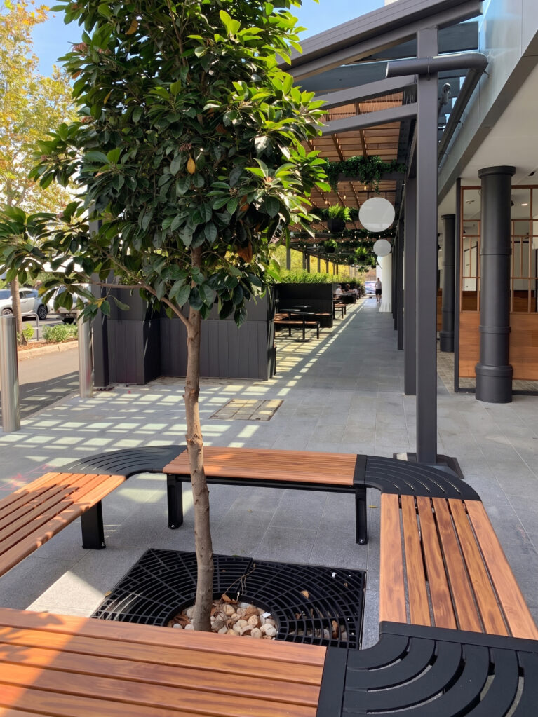 Curved timber bench, tree surround seating, metal tree grate, grey stone paving, structural steel frame, urban forestry, external mall walkway, shadow patterns, precinct landscape architecture, Sydney commercial fitout.