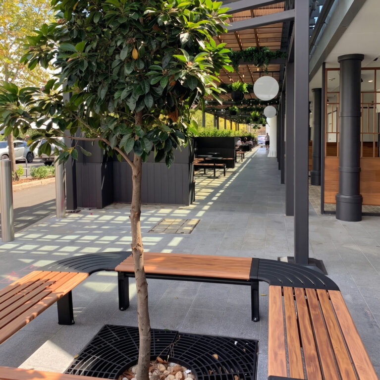 Curved timber bench, tree surround seating, metal tree grate, grey stone paving, structural steel frame, urban forestry, external mall walkway, shadow patterns, precinct landscape architecture, Sydney commercial fitout.