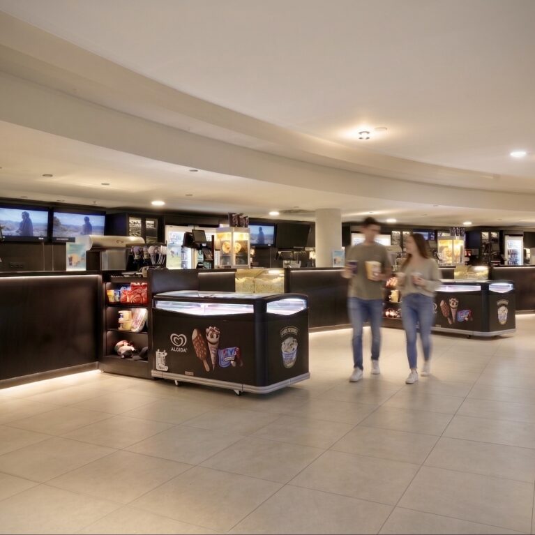 Cinema concession stand, theater candy counter, sleek food service joinery, curved ceiling bulkheads, linear led under-counter lighting, large format floor tiles, digital menu boards, refreshment zone design