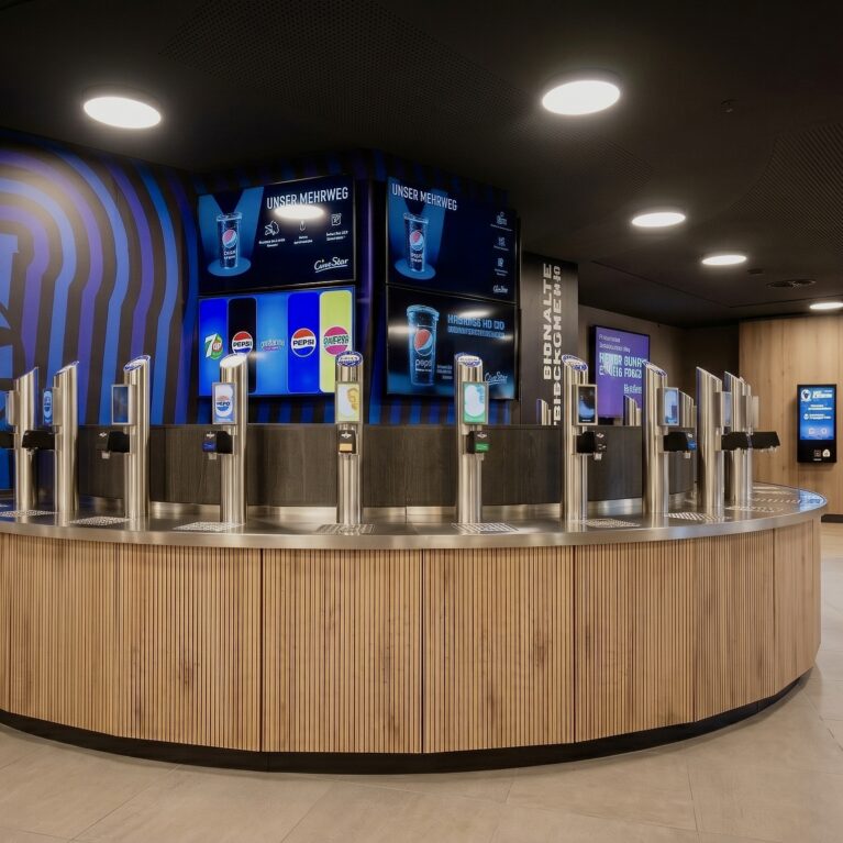 Cinema concession stand, self-service drink station, curved wooden counter, stainless steel beverage dispensers, digital menu boards, recessed ceiling downlights, oak wall paneling, ticketing kiosks, open plan marketplace layout, commercial hospitality design.