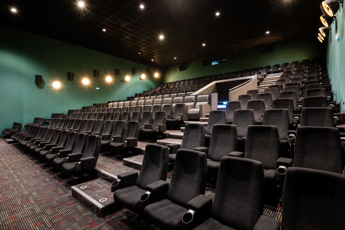 Cinema auditorium seating, raked seating tier, acoustic wall panels, low-voltage aisle lighting, charcoal fabric upholstery, commercial cinema carpet, surround sound speakers, wall sconce lighting, stepped riser layout, entertainment venue design