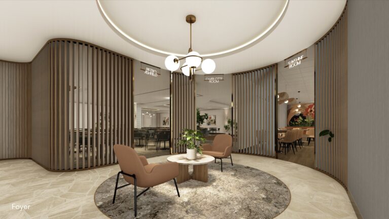 A light-filled threshold invites members and guests inside with warmth and clarity.