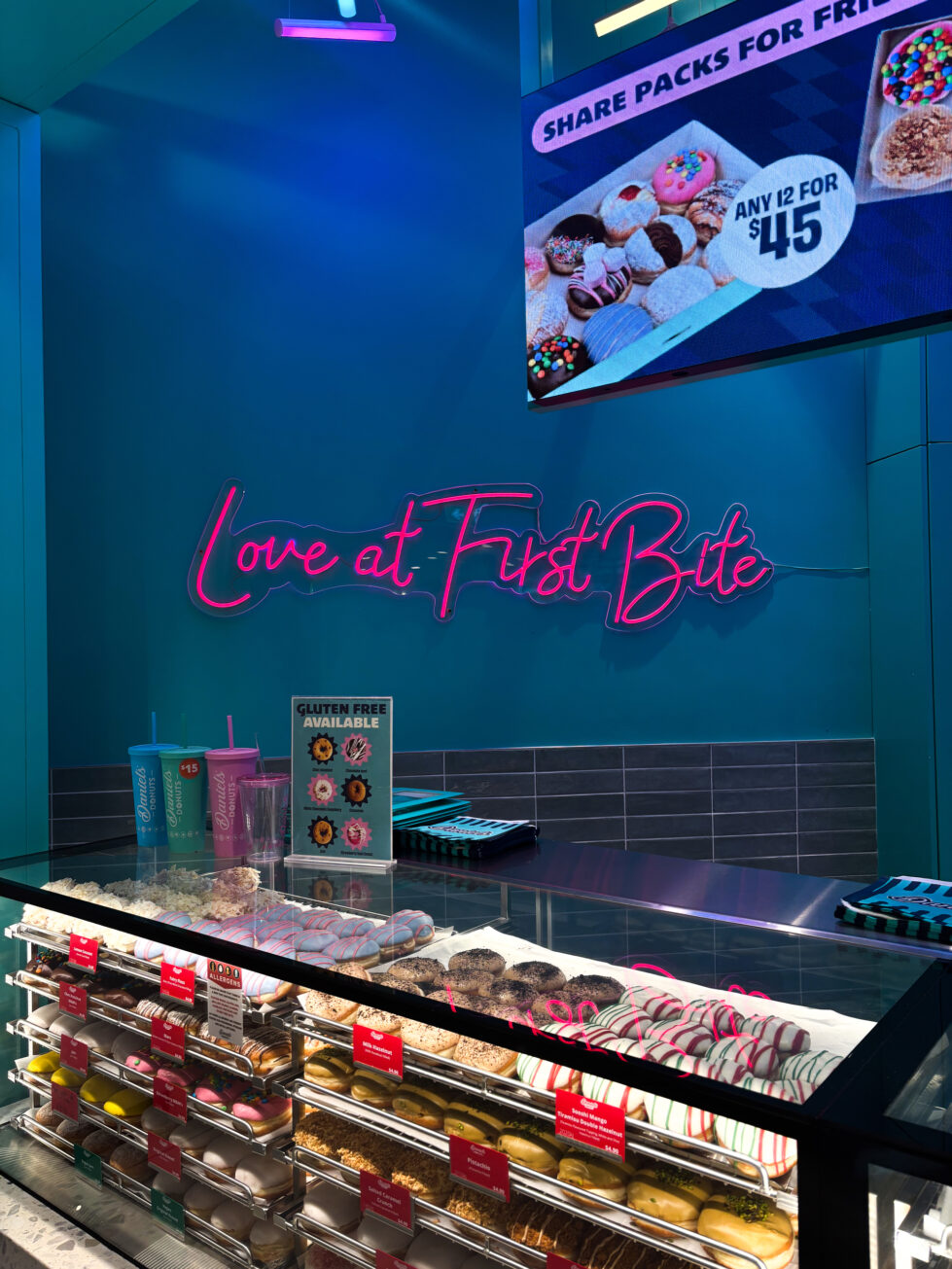 A photo-ready feature wall that says it all: Love at First Bite.