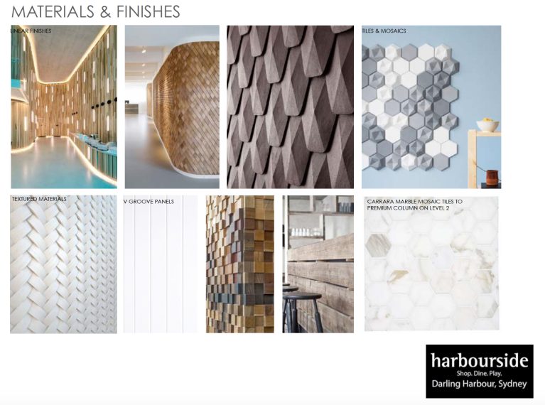 finishes board for harbourside project including tiles and textures