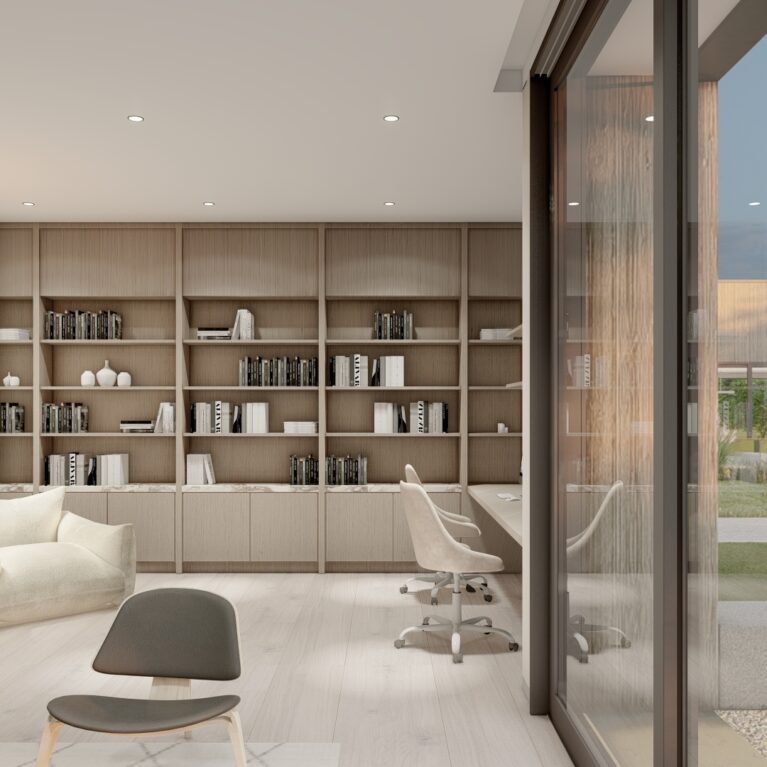 This library features built-in timber shelving, a cozy reading nook with a plush armchair, and sleek computer workstations. The open glass wall connects the interior to landscaped views, creating a tranquil yet functional space for study and relaxation.