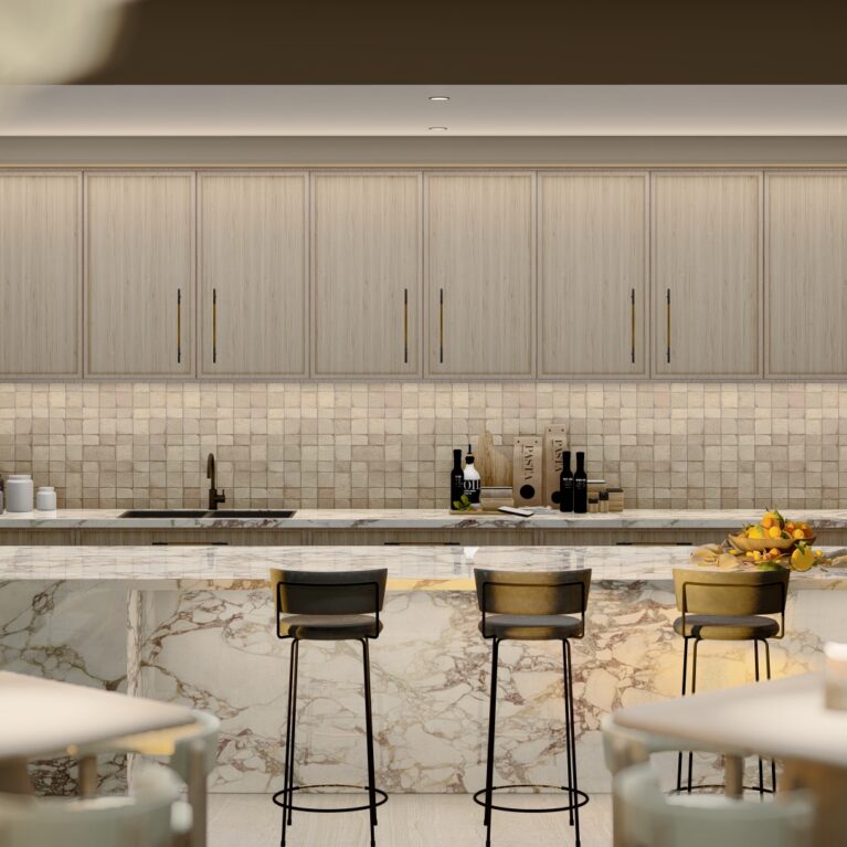 This stunning kitchen features a Maximum Viola porcelain sheet island, Zellige wheat tile backsplash, and Navlam Brescia Sandblasted cabinetry. Combining premium materials and ergonomic design, the space provides a functional yet refined hub for culinary activities and community gatherings.