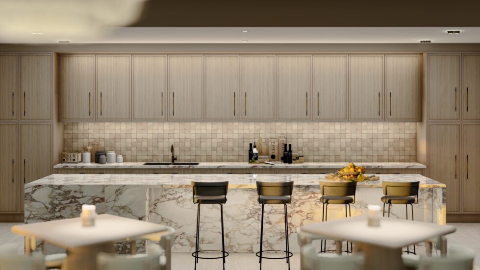 This stunning kitchen features a Maximum Viola porcelain sheet island, Zellige wheat tile backsplash, and Navlam Brescia Sandblasted cabinetry. Combining premium materials and ergonomic design, the space provides a functional yet refined hub for culinary activities and community gatherings.