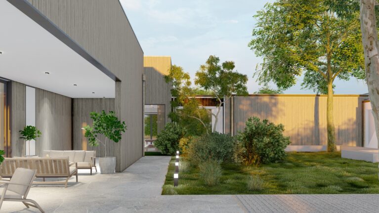 This tranquil courtyard connects the clubhouse and sanctuary, featuring lush landscaping, Torino Crazy Paving pathways, and an inviting outdoor lounge. Natural timber cladding and modern lighting enhance the connection between architecture and the surrounding coastal environment.