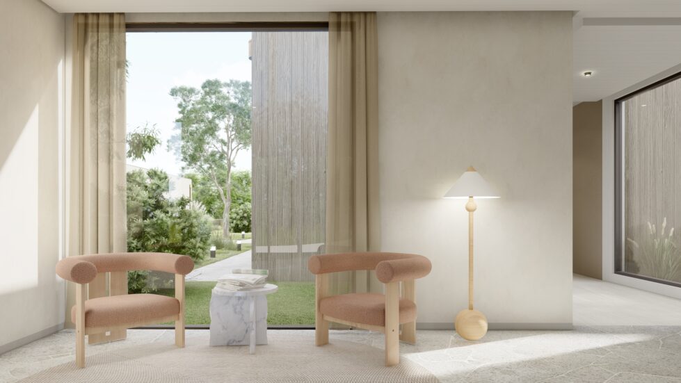 The reception's waiting area features Torino Crazy Paving flooring, soft linen drapery, and curved boucle armchairs. A sculptural marble side table and a warm timber floor lamp add a touch of elegance to the light-filled space.