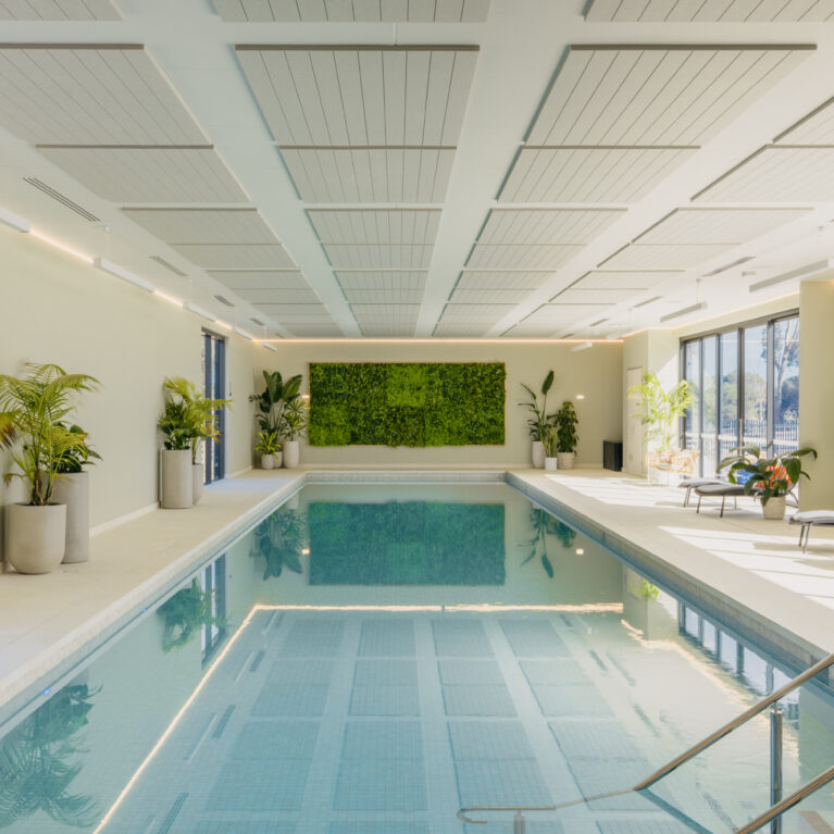 From the shallow end, the pool reads like a sunroom—quiet light, soft planting and long perspectives that make daily laps feel like a ritual rather than a routine.