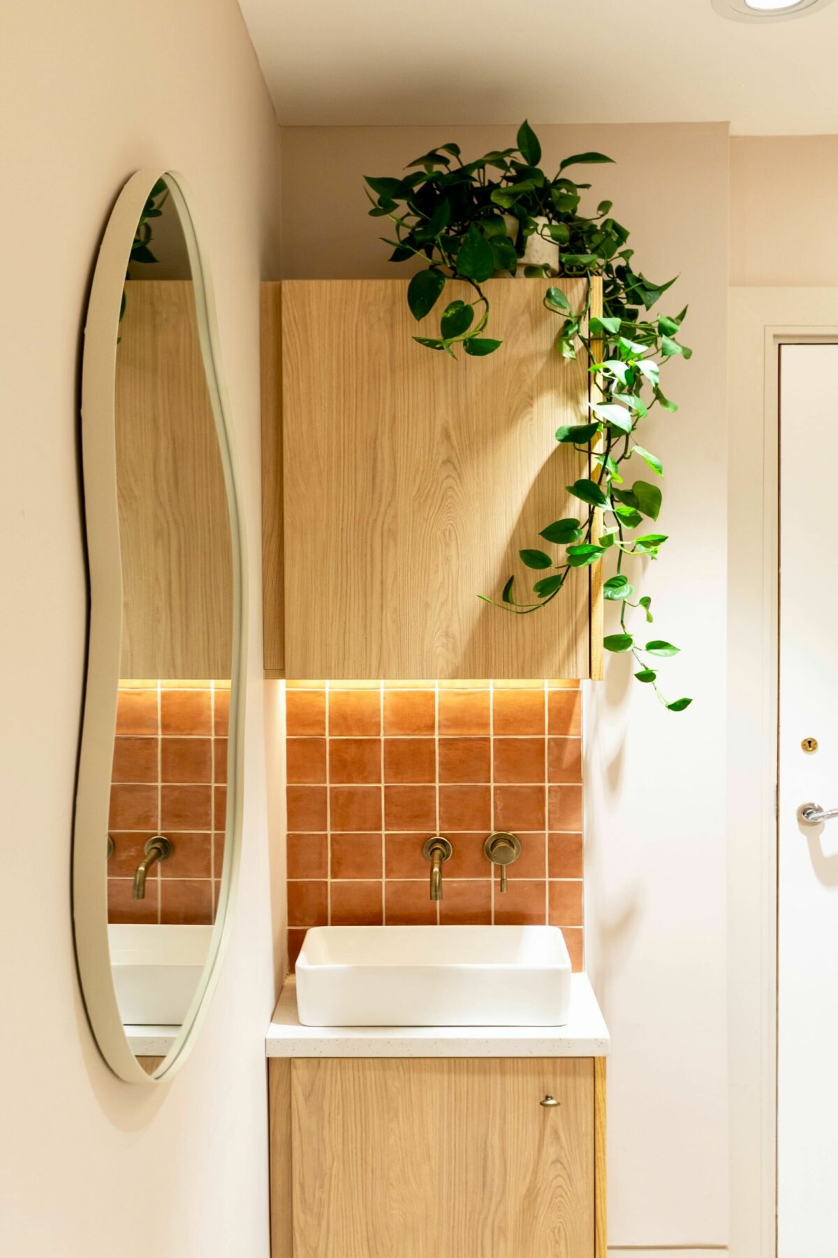 The treatment room’s service station combines practicality and charm. A compact cabinet with warm wood tones pairs with terracotta wall tiles and a streamlined basin, while cascading greenery adds softness, enhancing the cozy and calming atmosphere for clients.