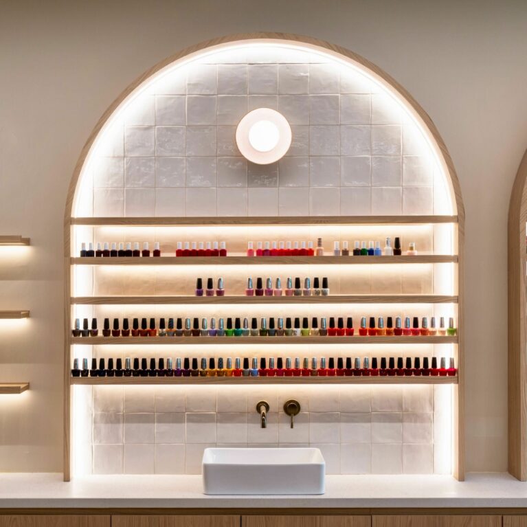A refined manicure back counter combines open nail polish displays with a practical wash basin, balancing beauty and function. The softly lit arched niches highlight the bottles’ vibrant colors, while the integrated counter supports smooth operations for staff and clients.