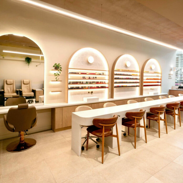A bright, airy workspace where clients enjoy nail and threading services in comfort, framed by softly lit arches showcasing a curated polish display.