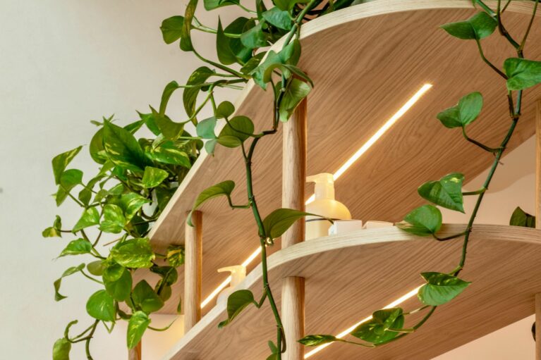 Subtle integrated lighting elevates the shelving, highlighting the display items while emphasizing the natural grain of the timber. This built-in illumination adds warmth and depth, balancing functionality with an inviting, boutique-like ambiance that enhances the overall salon experience.