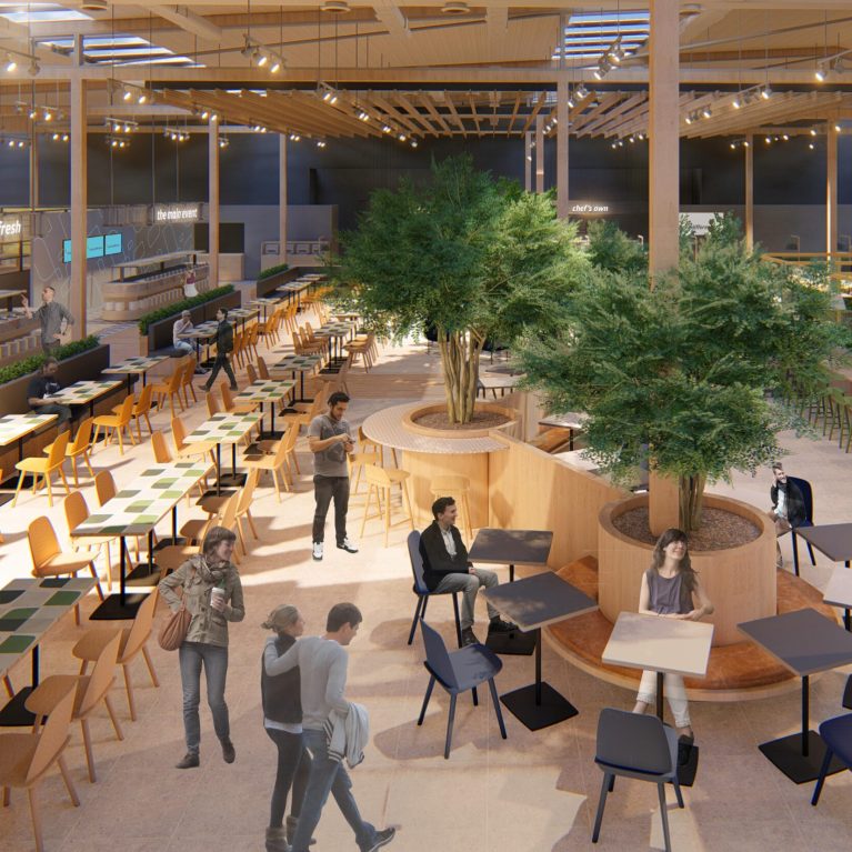 Canteen design, dining hall, indoor trees