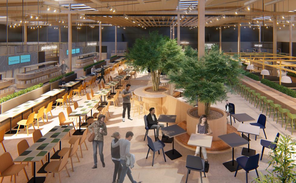 Canteen design, dining hall, indoor trees