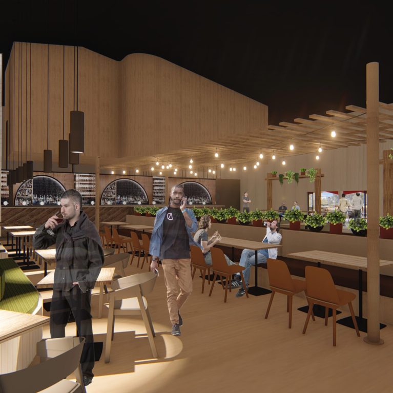Tavern concept design, timber, diner tables, bar.