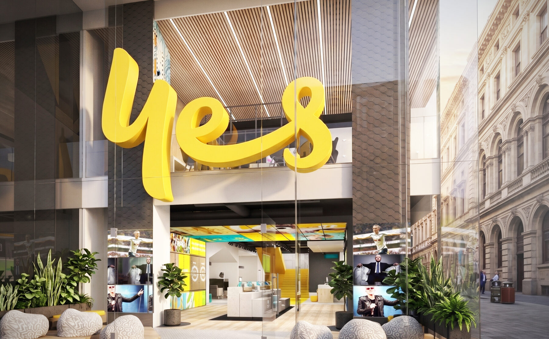 Flagship retail facade, double-height glass storefront, sculptural yellow branding, timber batten ceiling, integrated planter boxes, stone organic seating, digital display entry.
