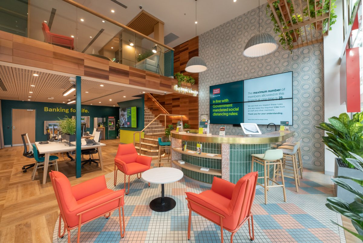 The "meetpoints" at People’s Choice bank, designed for casual interactions and collaboration, with vibrant seating and a mix of modern and natural elements.