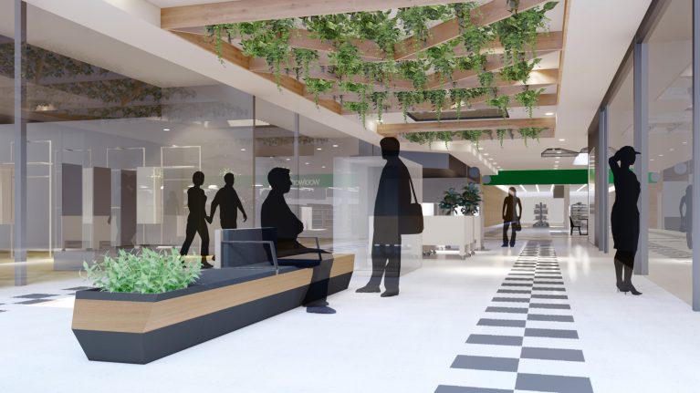Bench with planters for shopping mall precinct