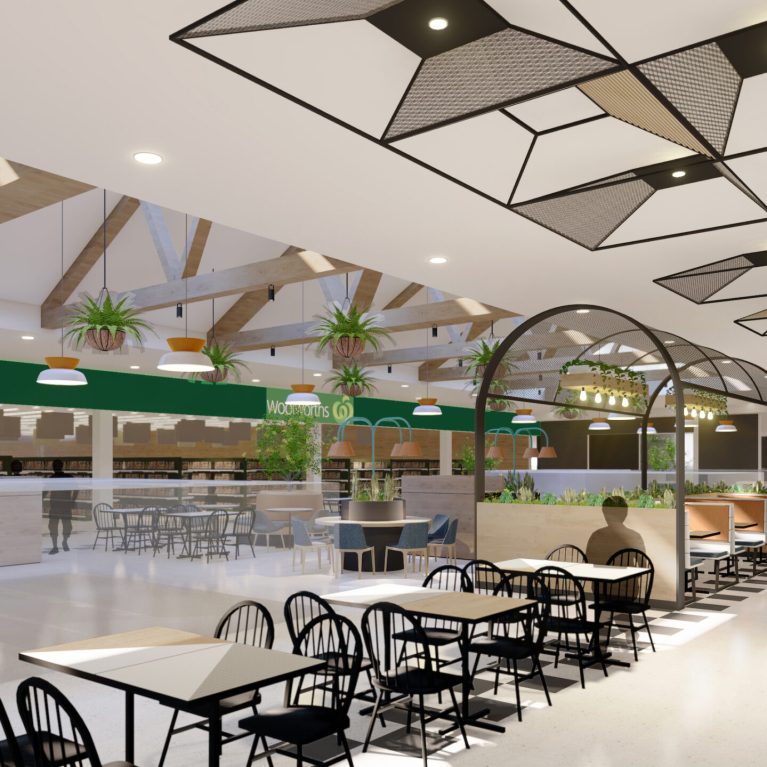 Precinct design for interior shopping mall, seating area, ceiling features