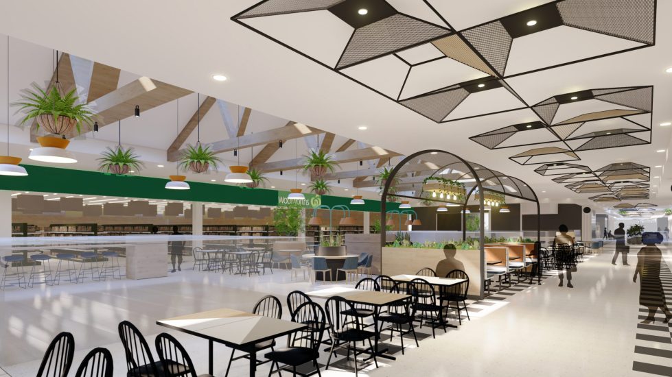 Precinct design for interior shopping mall, seating area, ceiling features
