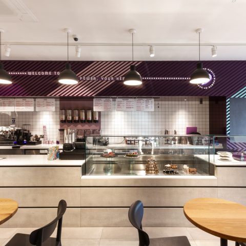 Symmetrical front elevation of the main food service assembly.