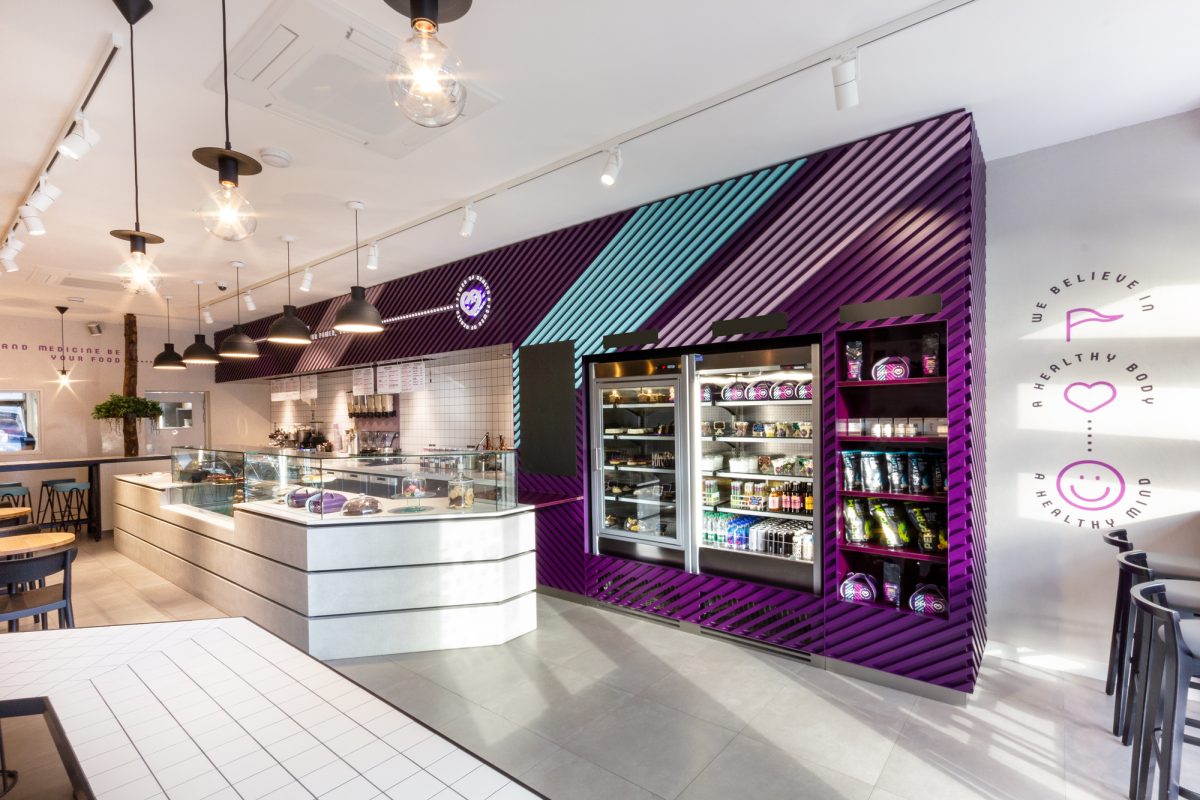 Integrated grab-and-go retail and service counter design.