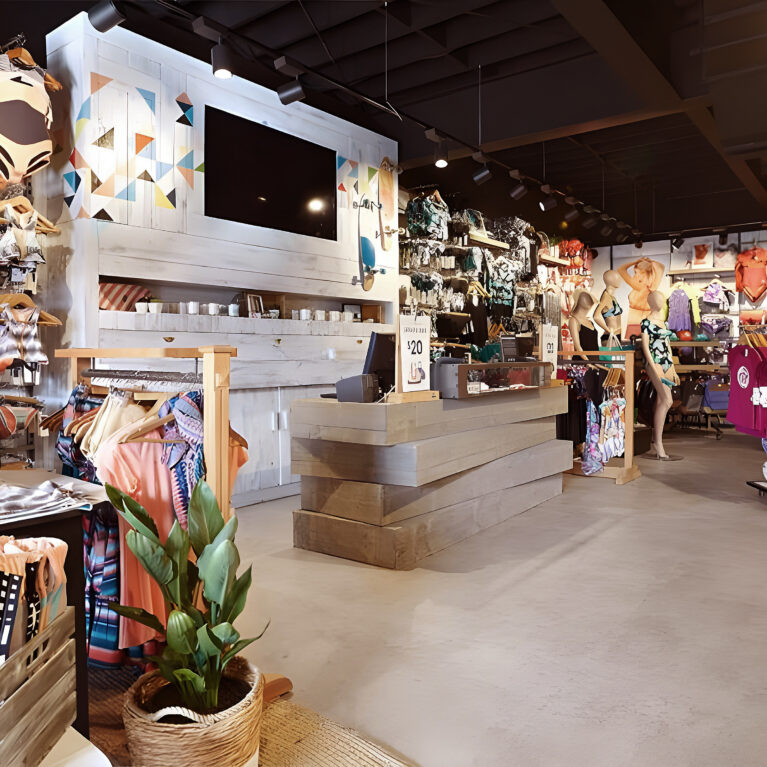 This vibrant space showcases Roxy’s iconic swimwear and lifestyle collections. The boutique blends coastal-inspired design with a relaxed retail experience, featuring colorful displays and thoughtful details that highlight the brand’s commitment to stylish, functional apparel for the active woman.